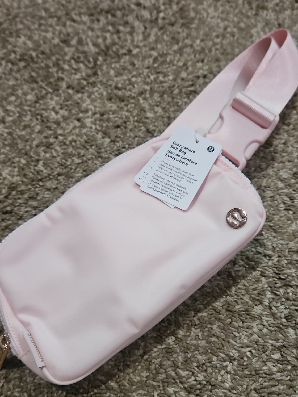 lululemon athletica Everywhere Belt Bag in pale pink with rose gold accent